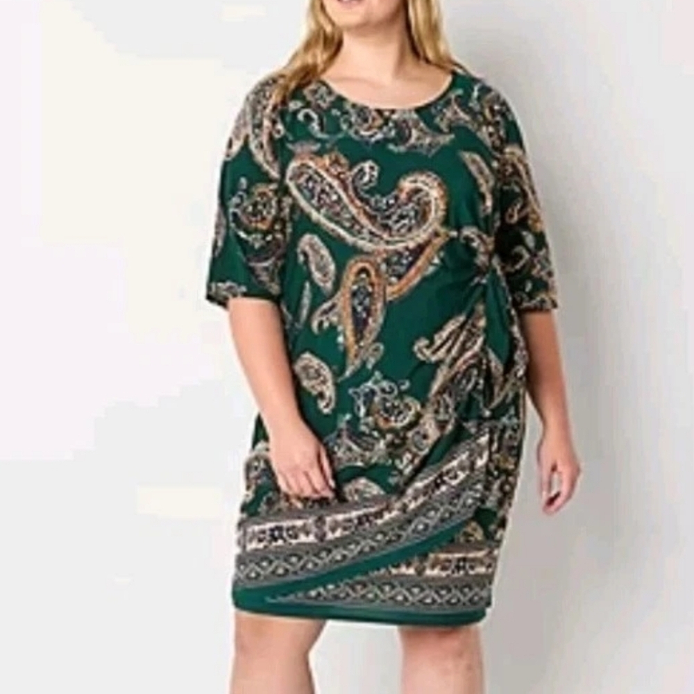 Robbie Bee Green Paisley Print Faux Wrap Dress Size 2X Retails $84